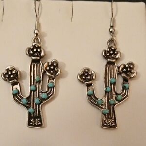 Cactus Dangle Earrings in Silver and Turquoise